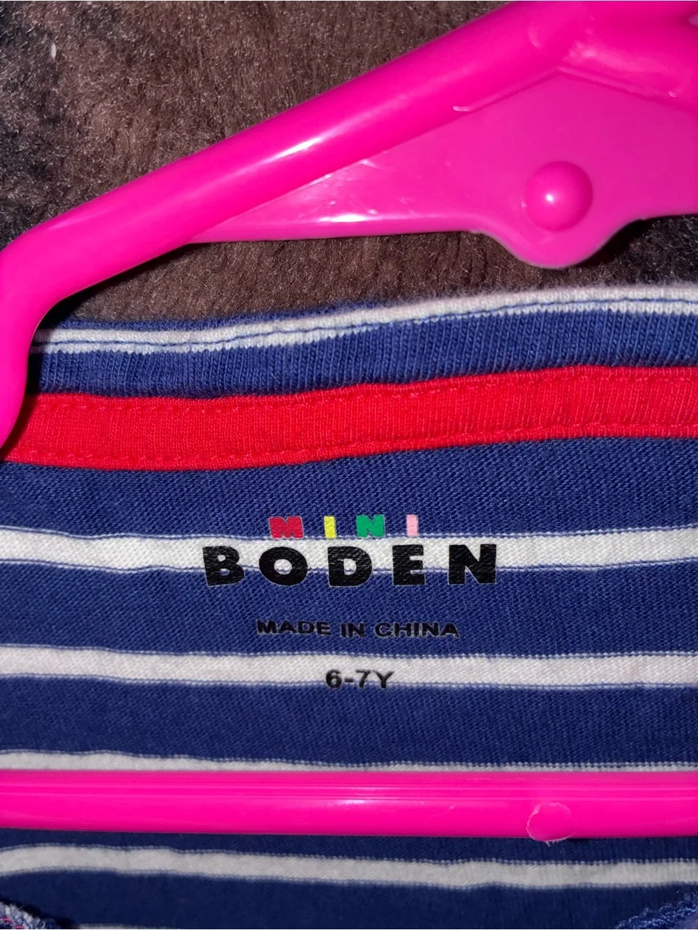 NWOT Mini Boden navy/white stripe dress with 2 fuzzy dogs front/back design 6-7y